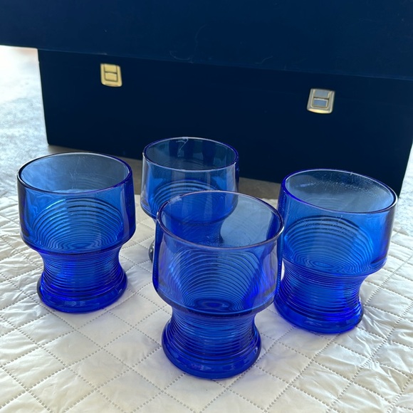 Vintage Cobalt Blue Depression Ribbed Lowball Glasses